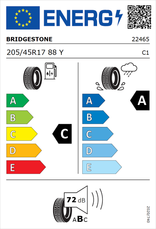Tyre Label for Bridgestone Potenza Sport 205/45R17 88Y