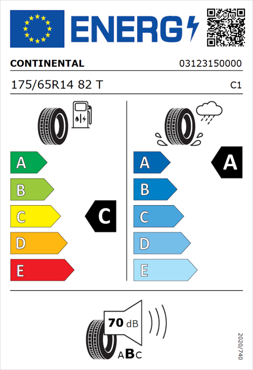 Tyre Label for Continental UltraContact 175/65R14 82T