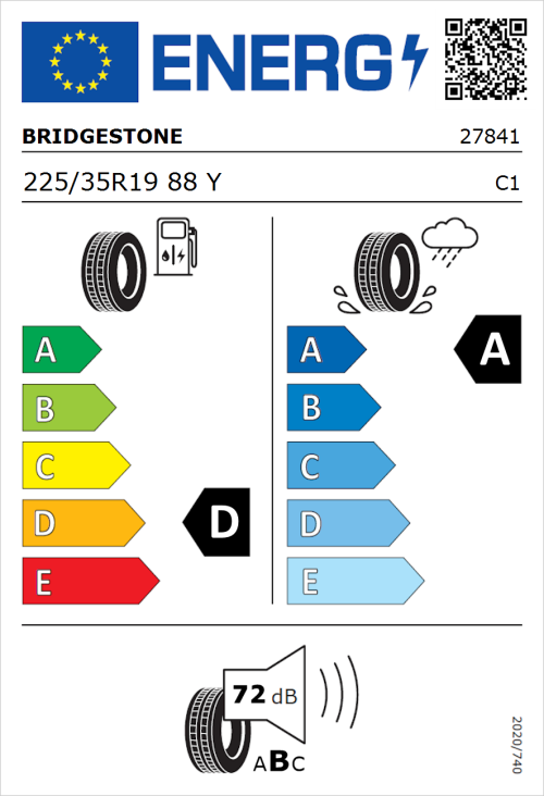 Tyre Label for Bridgestone Potenza Sport 225/35R19 88Y