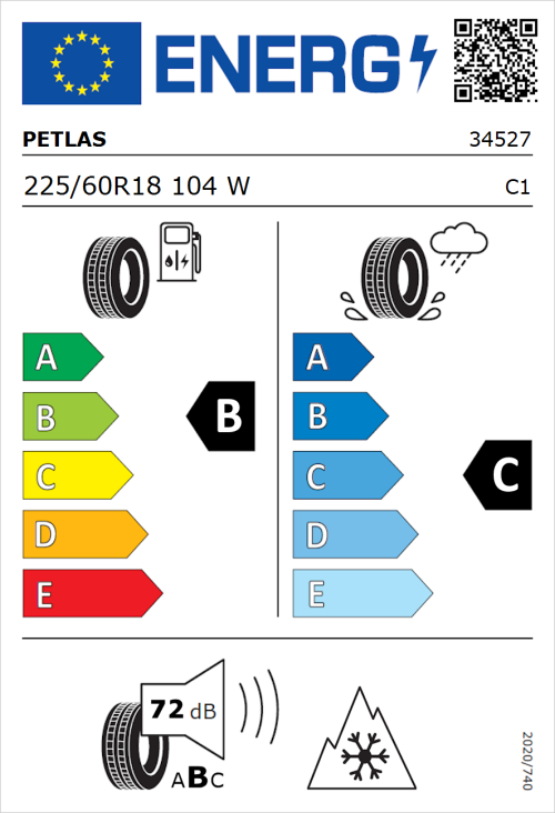 Tyre Label for Petlas SUV Master A/S 225/60R18 104W