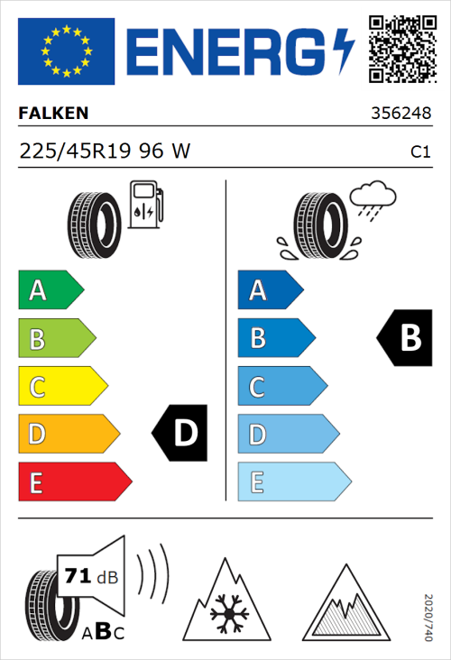 Tyre Label for Falken Euroall Season AS220 PRO 225/45R19 96W
