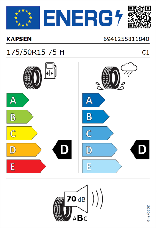 Tyre Label for Kapsen H202 175/50R15 75H
