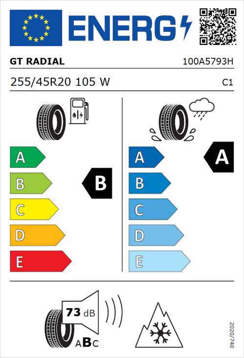Tyre Label for GT Radial Climate Active 255/45R20 105W