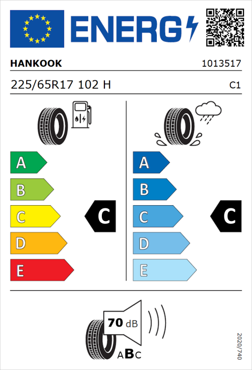 Tyre Label for Hankook Dynapro HP RA33 225/65R17 102H